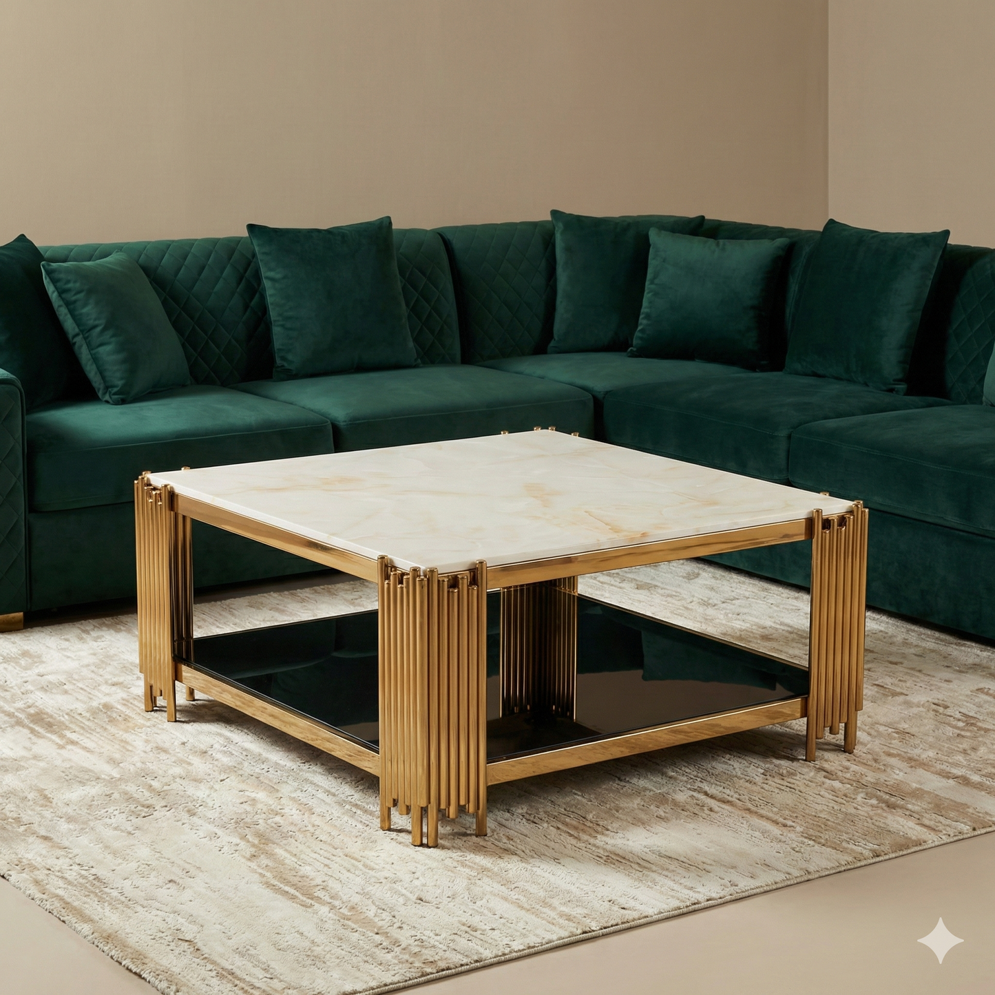 Square Shape Marble Top Stainless Steel Frame with High End PVD Gold Coating on Base Also Temperd Black Glass on Base Size 4x4ft