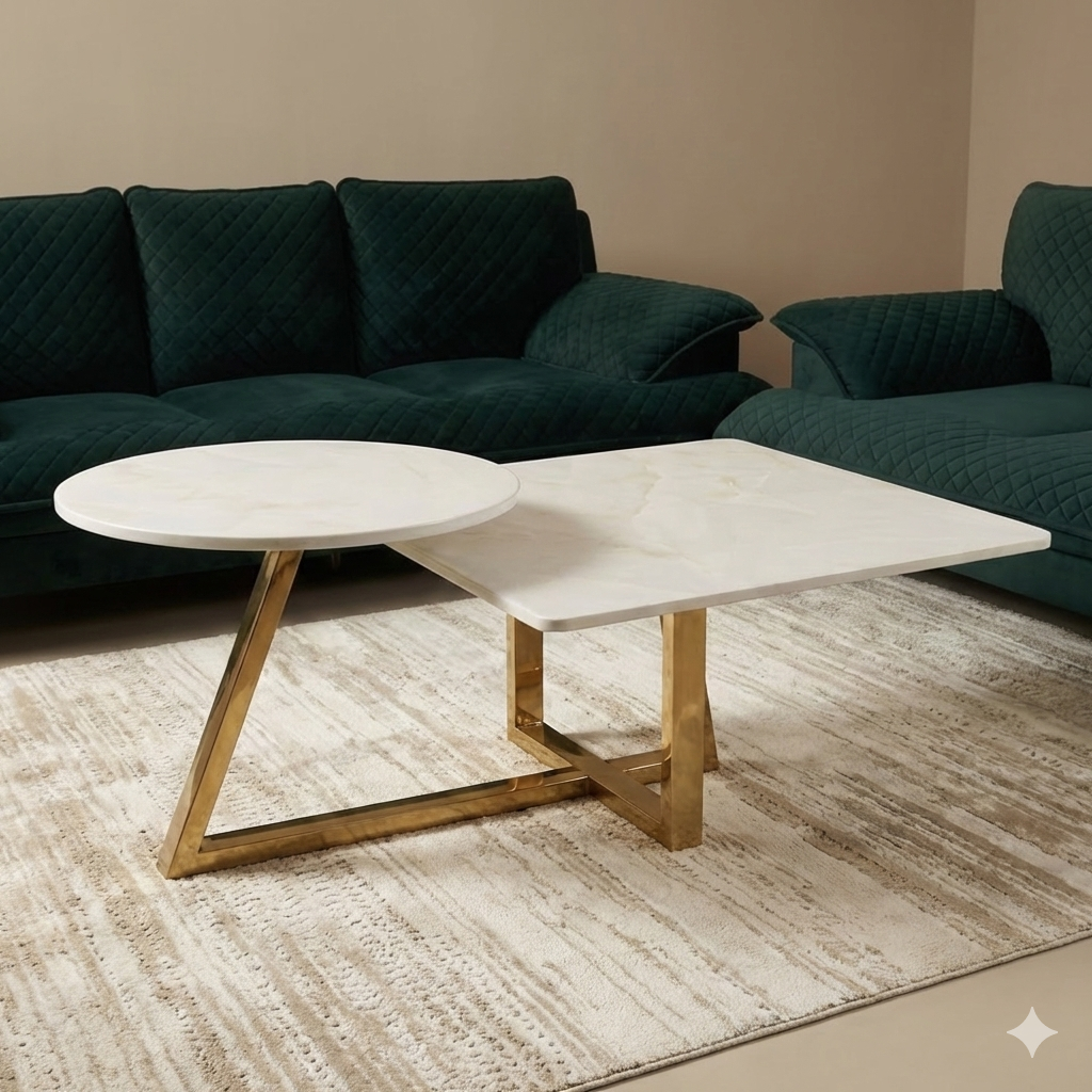 Combination of Square and Round Shape Marble Top Stainless Steel Frame with High End PVD Gold Coating on Base