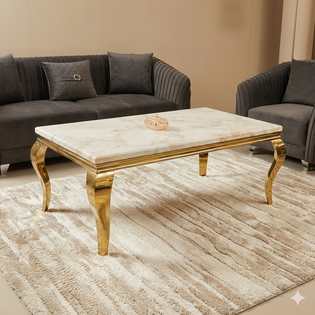 Elite Royale Marble Center Table with High End PVD Gold Coating on Base Size - 4x2 Ft (Rectangle shape)