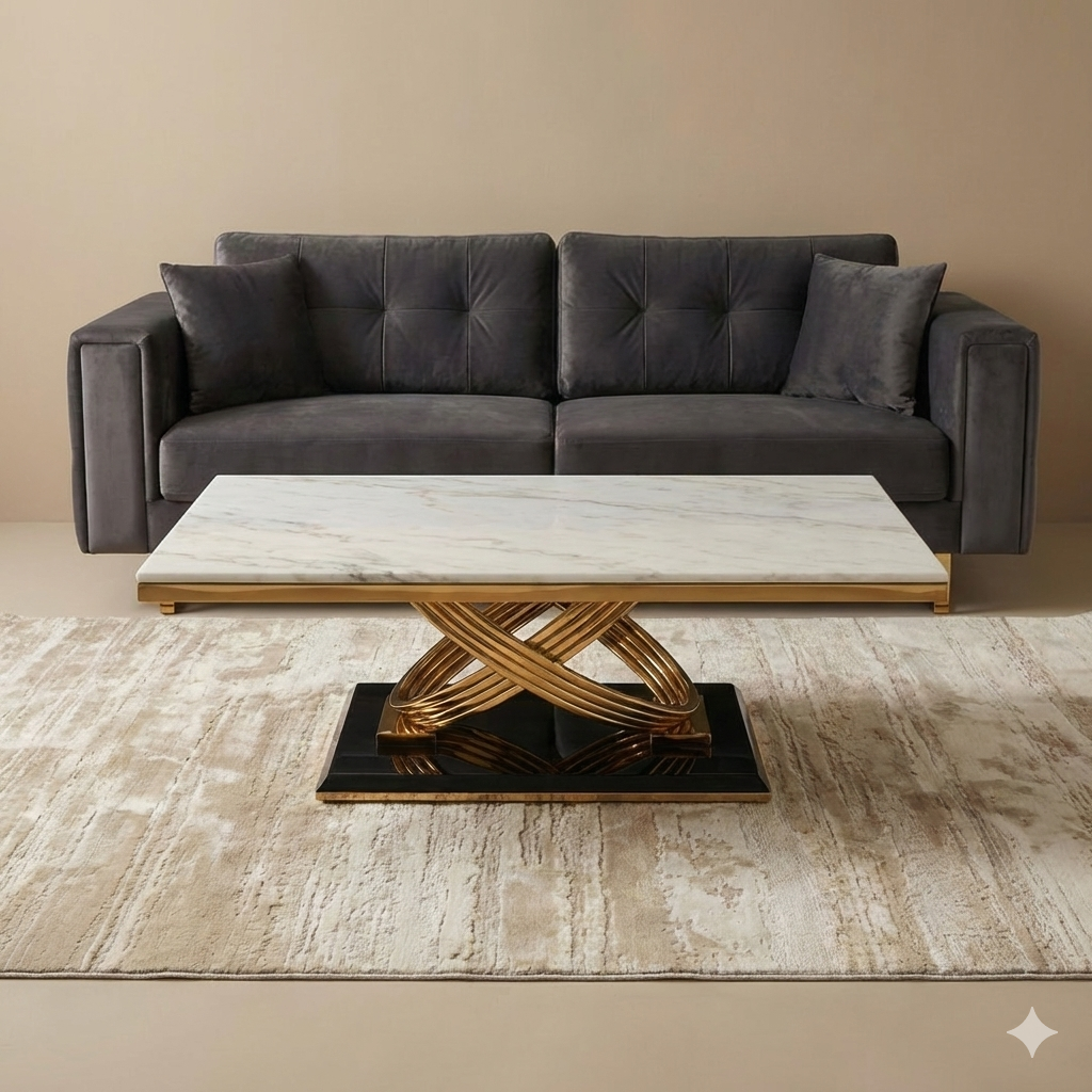 Royal Crest Marble Center Table with High End PVD Gold Coating on Base Size - 4x2 Ft (Rectangle shape)