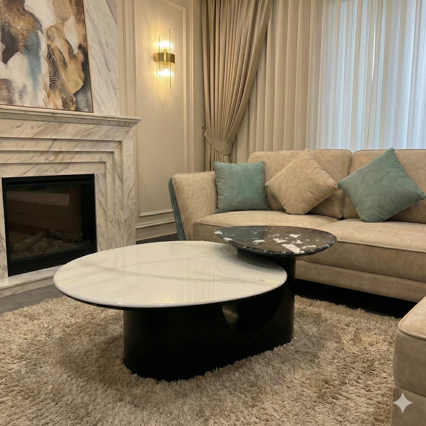 Jointed designer wooden frame as base and white and black marble on top of it