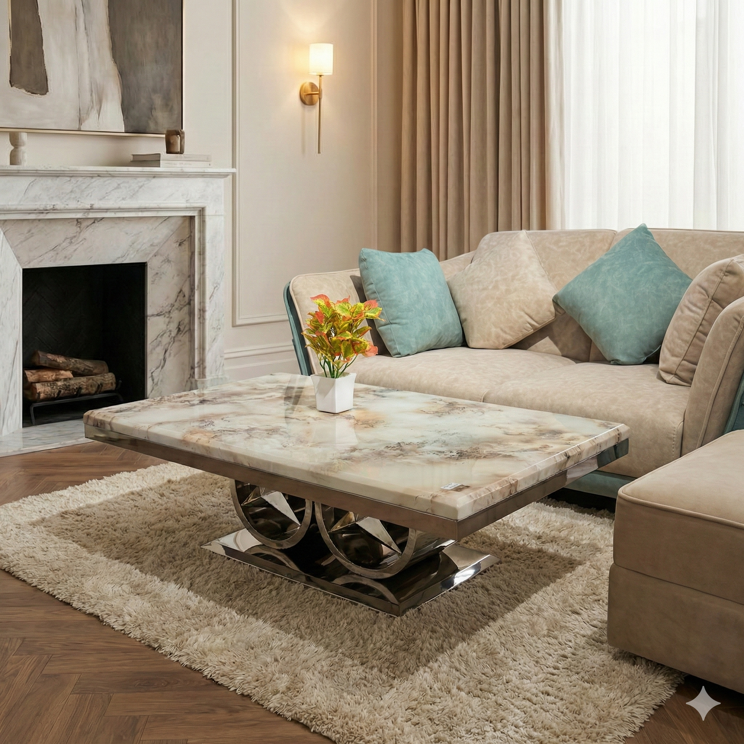 Marble Top Stainless Steel Frame With 2 Mercedes Logo Size -4x2 Ft (Rectangle shape)