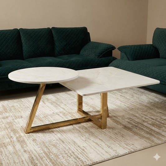 Combination of Square and Round Shape Marble Top Stainless Steel Frame with High End PVD Gold Coating on Base