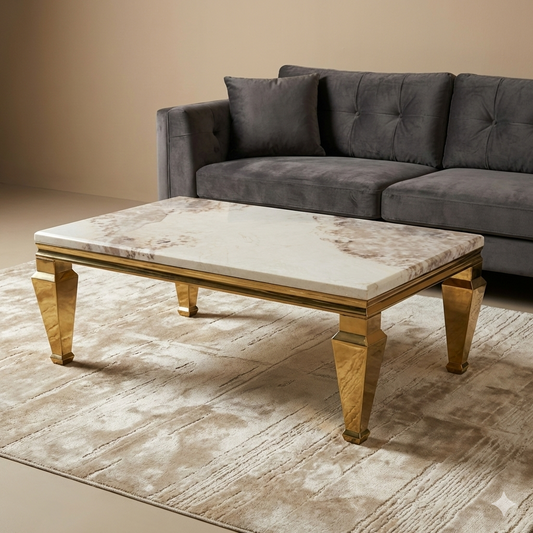 Opulence Rectangle Marble Coffee Table with High End PVD Gold Coating on Base Size - 4x2 Ft (Rectangle shape)