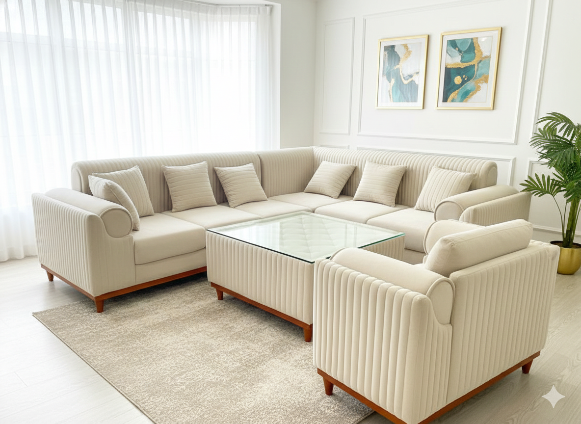 Creamy Paradise L Type 7 Seater Sofa Set