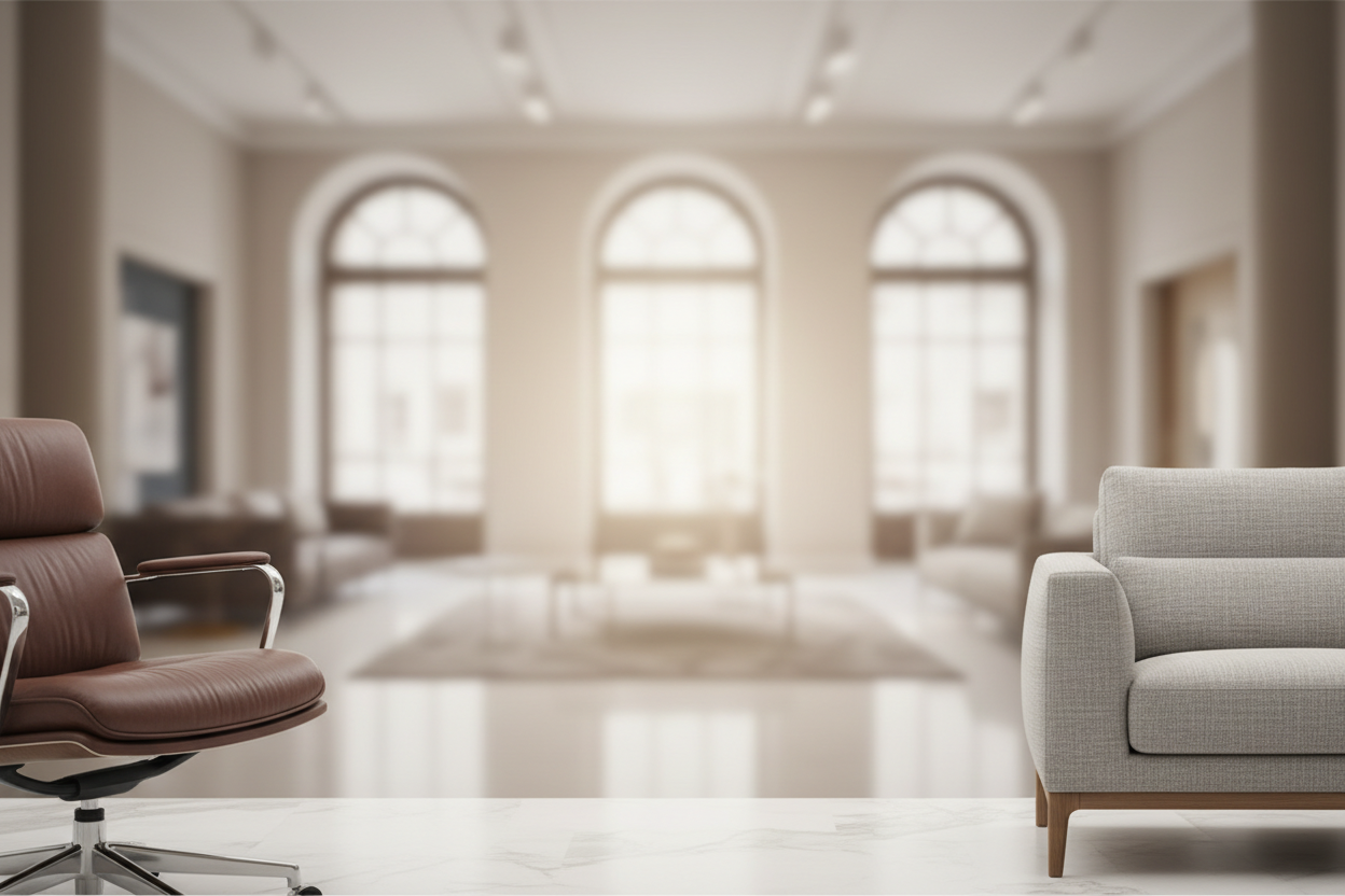 A wide website banner background featuring a blurred luxury furniture showroom. In the foreground, hints of a premium leather office chair and a modern residential sofa. Soft, warm studio lighting, neutral color palette (beige, grey, oak wood). High-end architectural digest style, 8k resolution, photorealistic, plenty of negative space in the center for text.